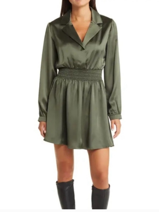 Steve Madden Dresses & Skirts - Steve Madden Long Sleeve Olive Green Satin Mini Shirtdress